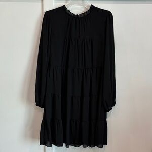 Women's Black Tiered Long-Sleeve Dress with Ruffle Neck